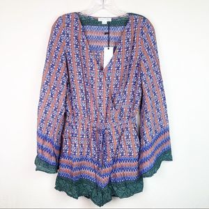 Camel Blue & Green Peasant Boho Long Flare Sleeves Romper